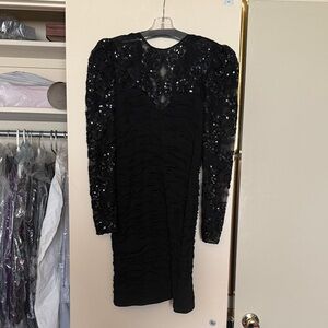 Black Sequin Long-Sleeve Ruched Evening Dress